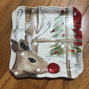 Festive Reindeer Holiday Plate with Red and Green Accents